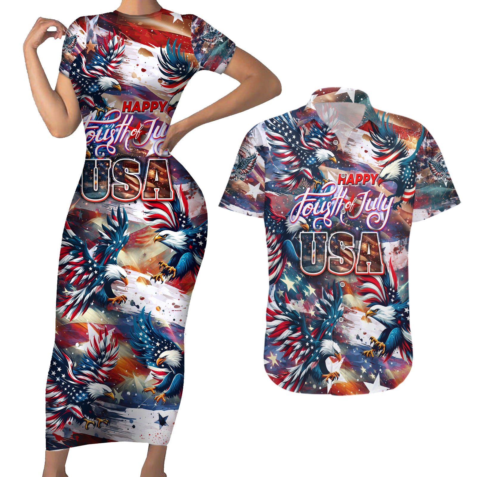 Happy Fourth of July Couples Matching Short Sleeve Bodycon Dress and Hawaiian Shirt American Eagle Flag US Independence Day - Wonder Print Shop