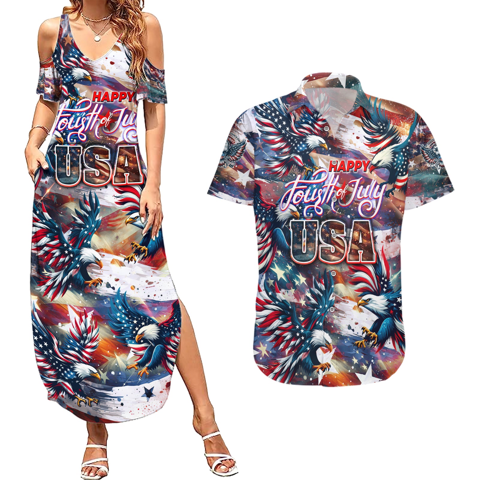 Happy Fourth of July Couples Matching Summer Maxi Dress and Hawaiian Shirt American Eagle Flag US Independence Day - Wonder Print Shop