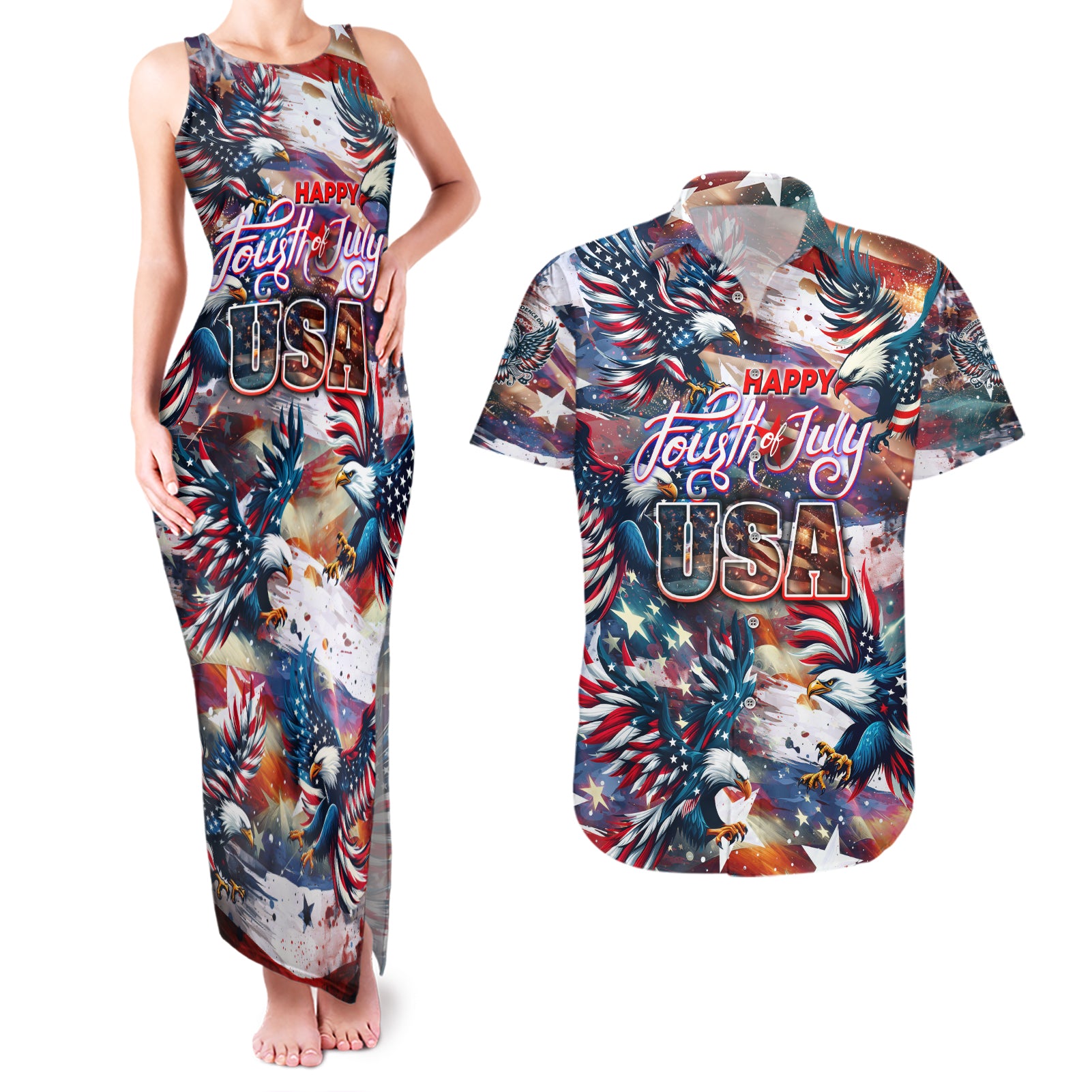 Happy Fourth of July Couples Matching Tank Maxi Dress and Hawaiian Shirt American Eagle Flag US Independence Day - Wonder Print Shop