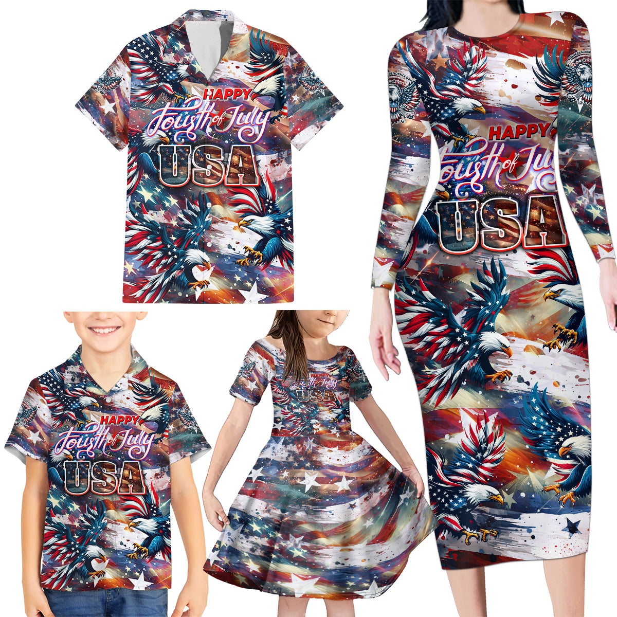 Happy Fourth of July Family Matching Long Sleeve Bodycon Dress and Hawaiian Shirt American Eagle Flag US Independence Day - Wonder Print Shop