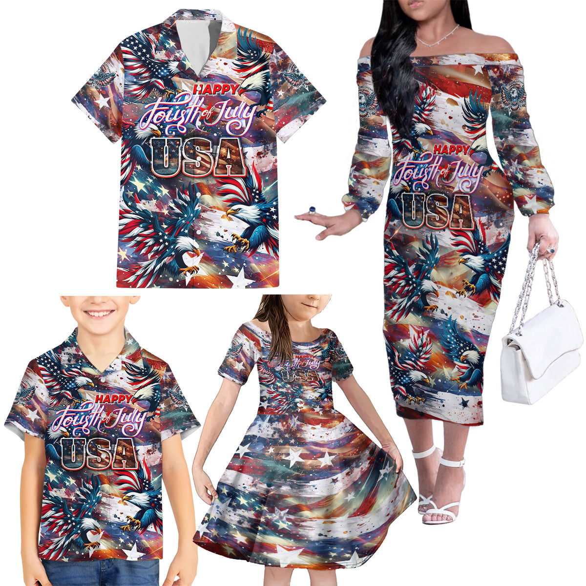 Happy Fourth of July Family Matching Off The Shoulder Long Sleeve Dress and Hawaiian Shirt American Eagle Flag US Independence Day - Wonder Print Shop