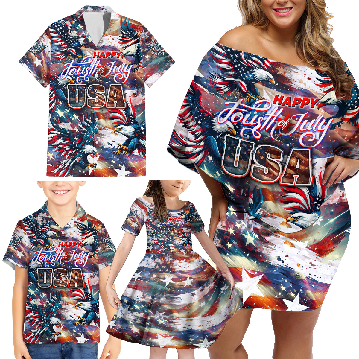 Happy Fourth of July Family Matching Off Shoulder Short Dress and Hawaiian Shirt American Eagle Flag US Independence Day - Wonder Print Shop