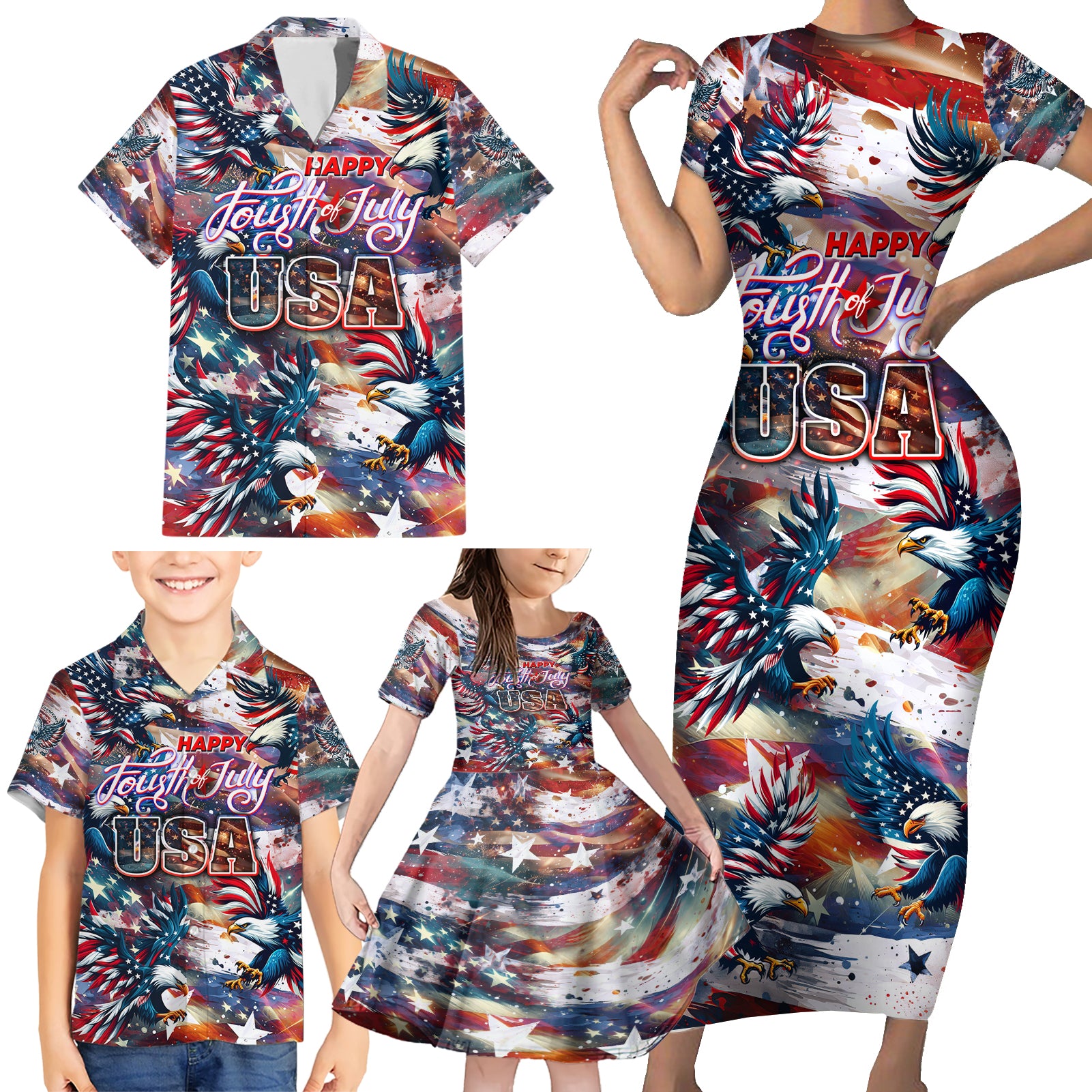 Happy Fourth of July Family Matching Short Sleeve Bodycon Dress and Hawaiian Shirt American Eagle Flag US Independence Day - Wonder Print Shop