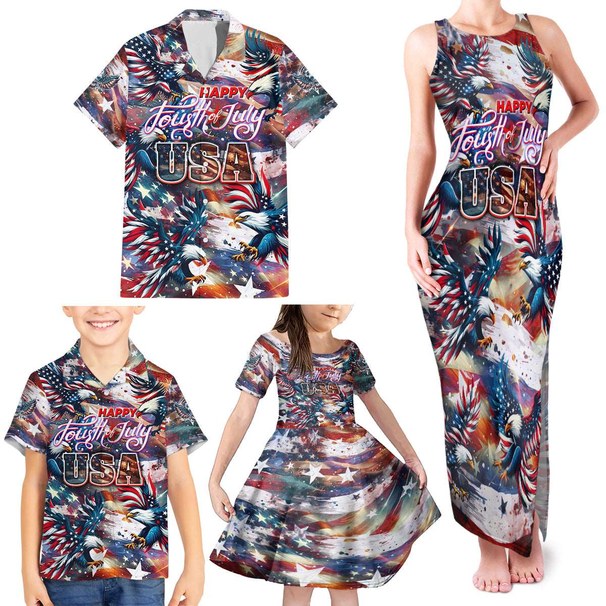 Happy Fourth of July Family Matching Tank Maxi Dress and Hawaiian Shirt American Eagle Flag US Independence Day - Wonder Print Shop