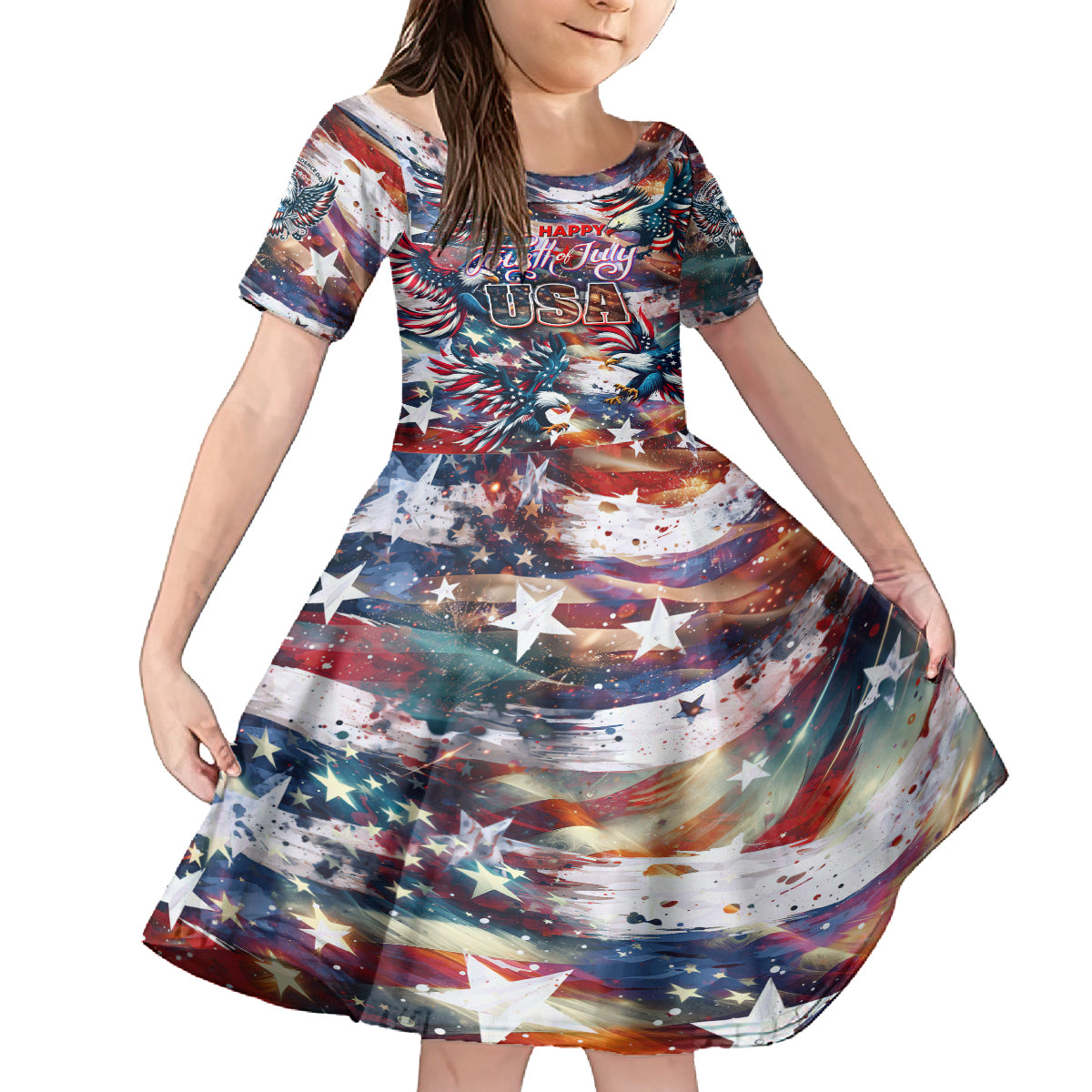 Happy Fourth of July Kid Short Sleeve Dress American Eagle Flag US Independence Day - Wonder Print Shop