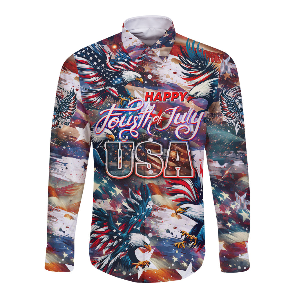 Unisex long-sleeve button shirt with patriotic fireworks eagle print, “Happy Fourth of July”