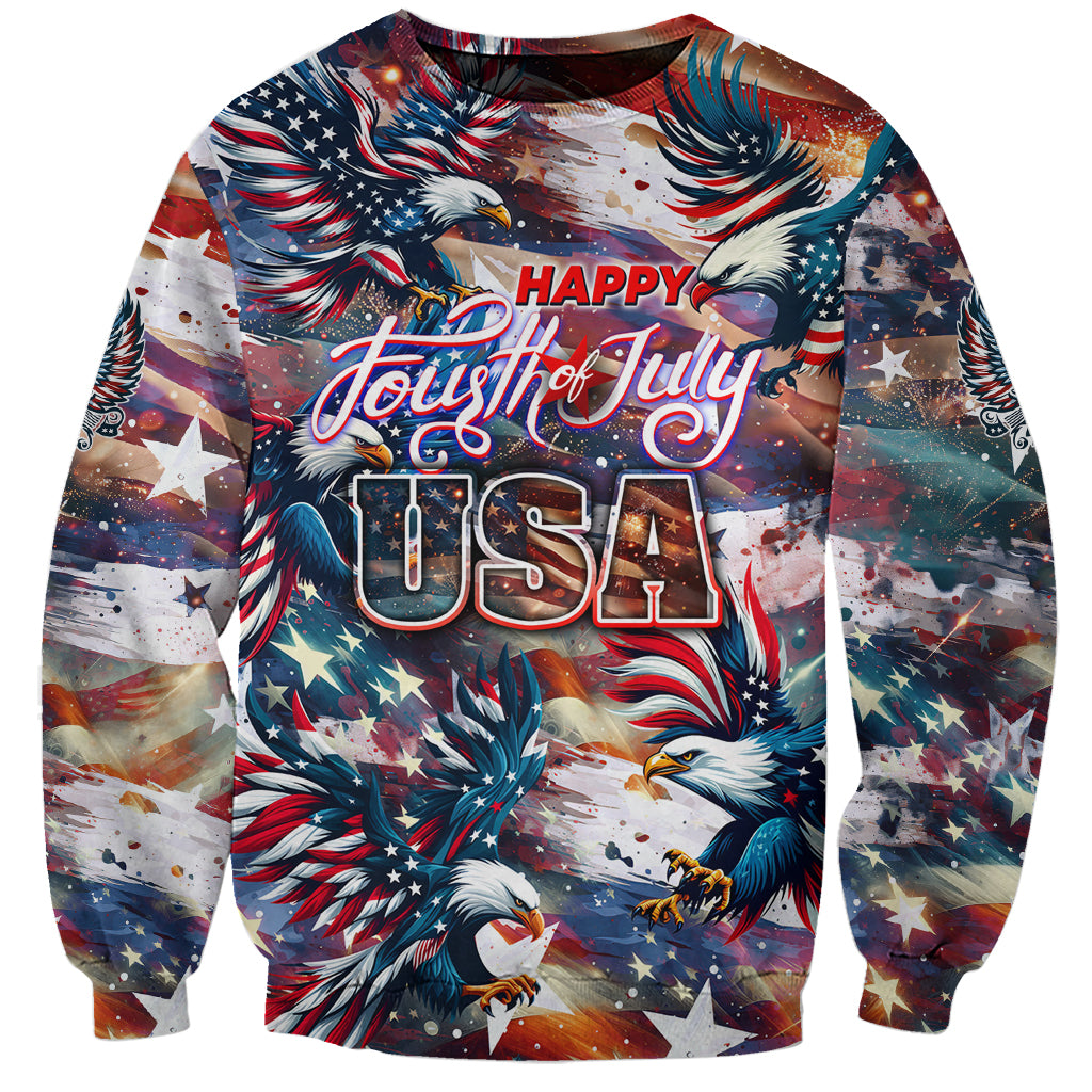 Crewneck sweatshirt with patriotic eagle and star-spangled flag 'Happy Fourth of July'