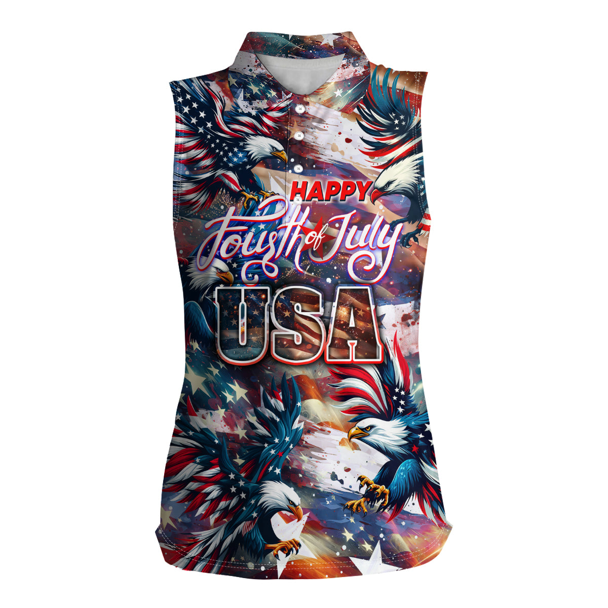 Happy Fourth of July Women Sleeveless Polo Shirt American Eagle Flag US Independence Day