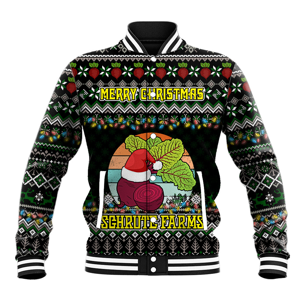 Unisex baseball jacket with festive Merry Christmas graphic, ribbed striped collar and cuffs
