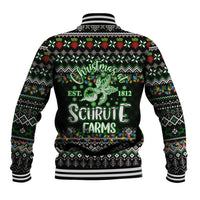 Unisex baseball jacket, back graphic with deer and Christmas lights, ribbed striped collar