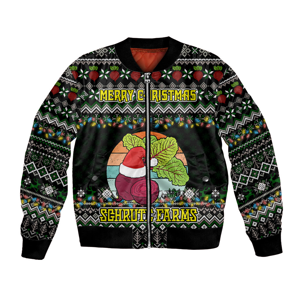 Unisex black bomber jacket with full front zipper and festive Christmas graphic