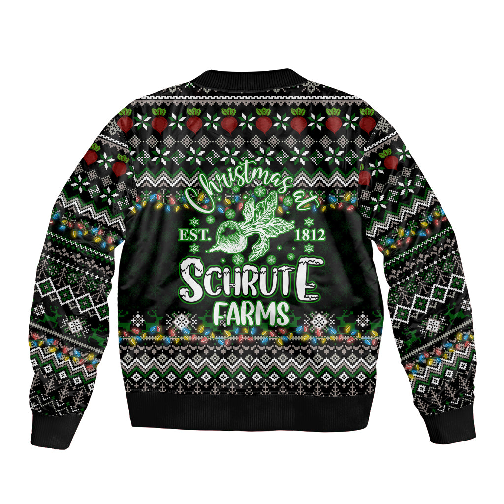 Unisex black bomber jacket with ribbed hem and large back Christmas farms graphic