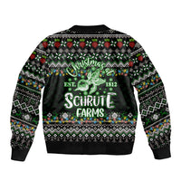 Unisex black bomber jacket with ribbed hem and large back Christmas farms graphic