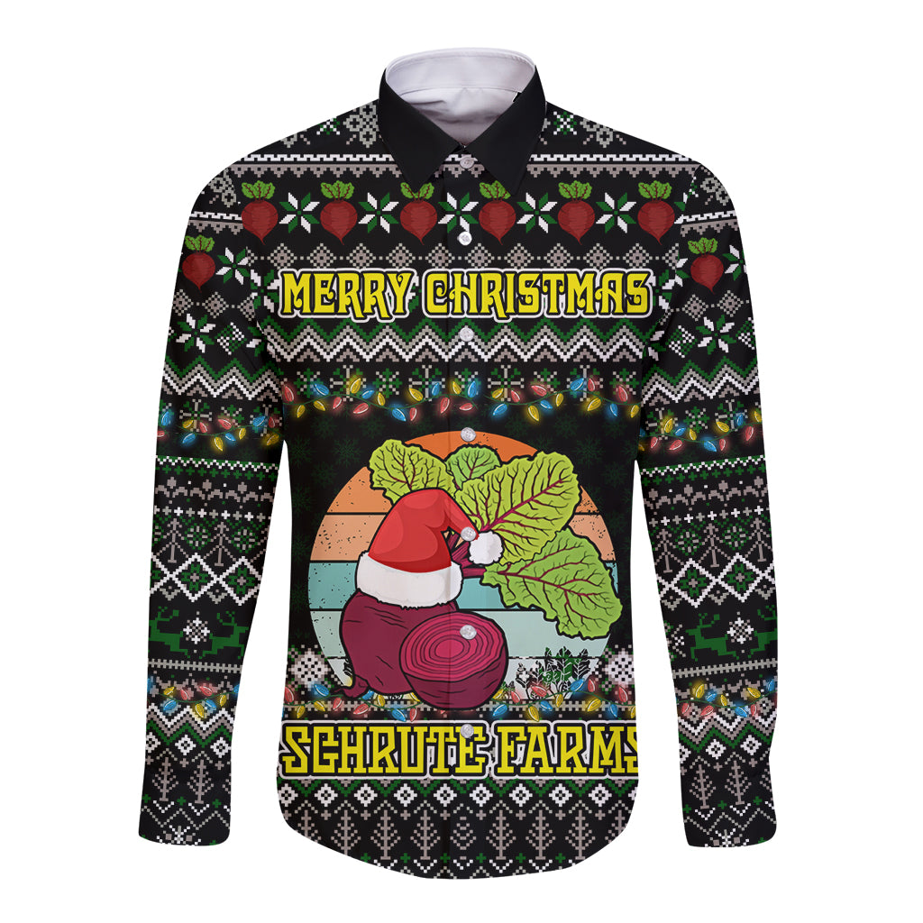 Long-sleeve button shirt in black with “Merry Christmas” and “Schrute Farms” front graphic