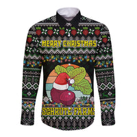Long-sleeve button shirt in black with “Merry Christmas” and “Schrute Farms” front graphic