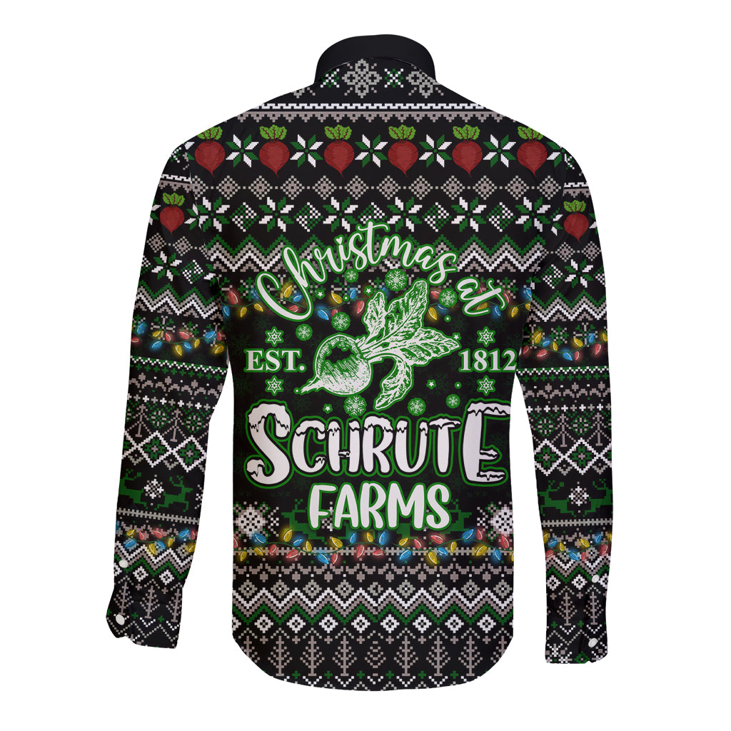 Long-sleeve button shirt in black with back “Schrute Farms” deer graphic and Est. 1812