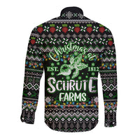 Long-sleeve button shirt in black with back “Schrute Farms” deer graphic and Est. 1812