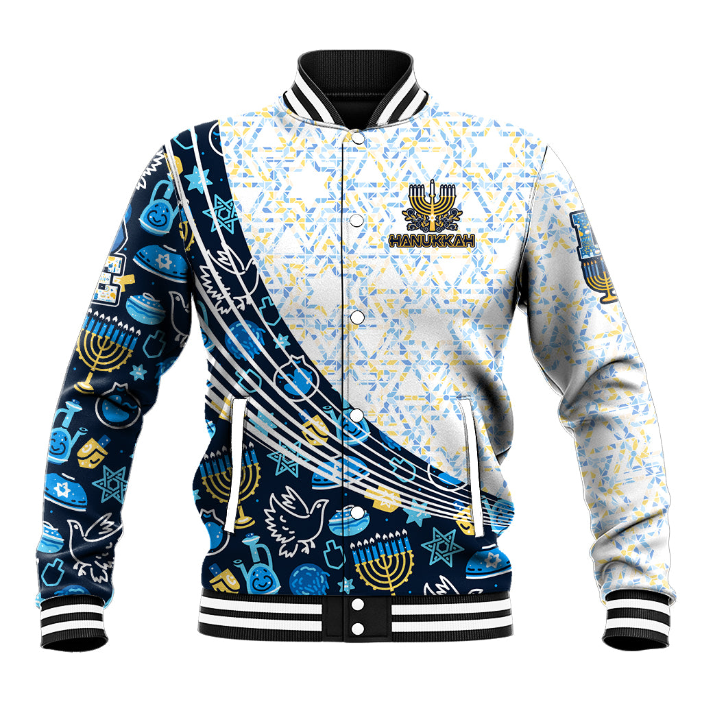 Unisex baseball jacket with white, blue, black graphic menorah and dreidel patch, ribbed cuffs