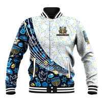Unisex baseball jacket with white, blue, black graphic menorah and dreidel patch, ribbed cuffs