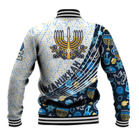 Unisex baseball jacket, blue and black patterned back with menorah and Star of David, ribbed hem
