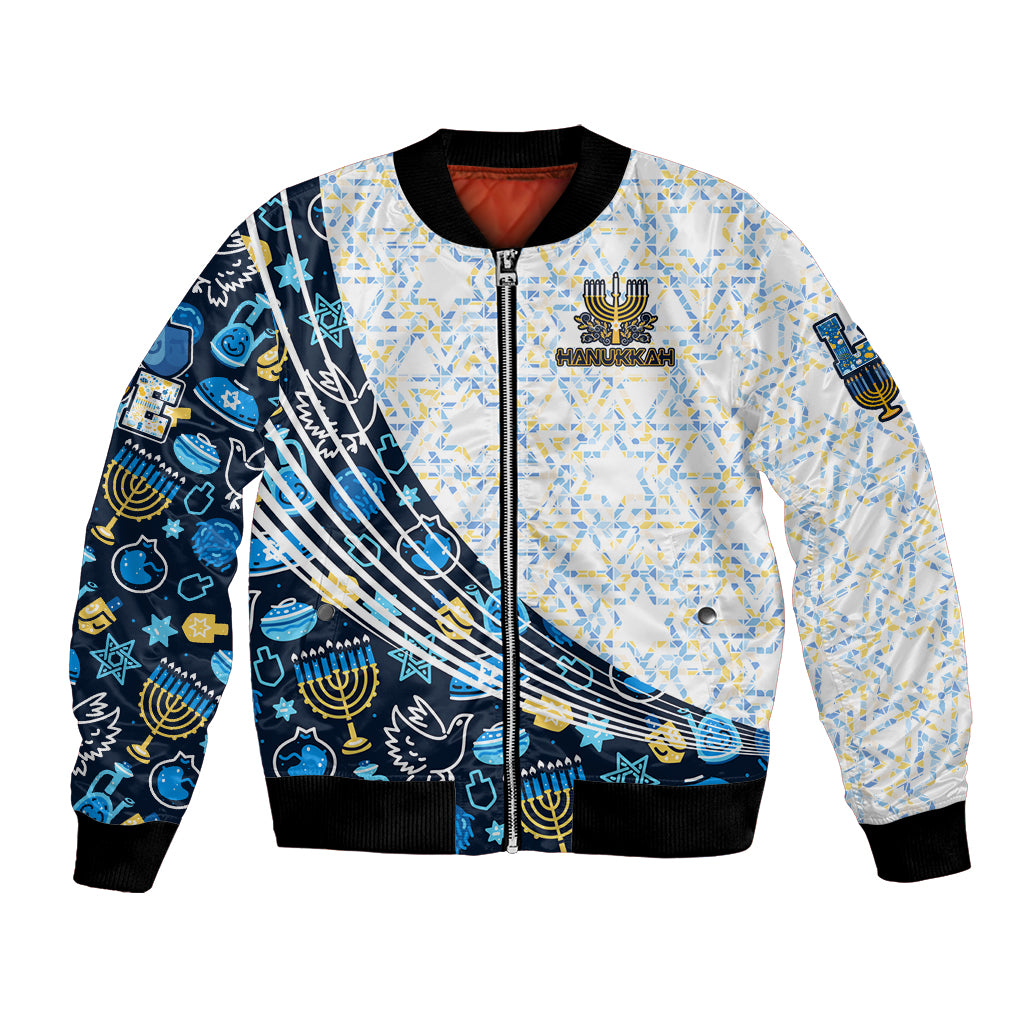 Unisex bomber jacket in white and blue with Hanukkah prints, zip front, black trim.