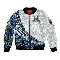 Unisex bomber jacket in white and blue with Hanukkah prints, zip front, black trim.