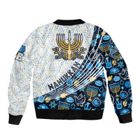 Unisex bomber jacket with full back blue-and-white Hanukkah graphics, black rib cuffs.