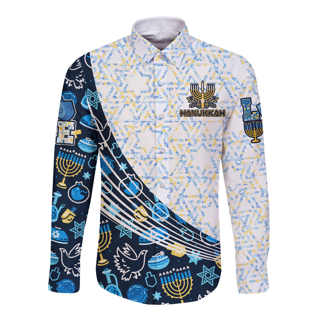 Men's long-sleeve button shirt in white with blue Hanukkah graphics