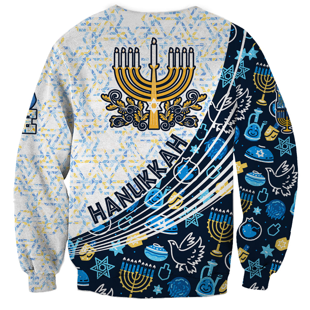 Unisex light sweatshirt with large central menorah and blue pattern, long sleeves