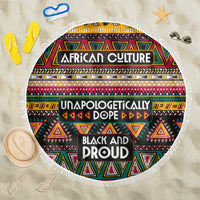 Round beach blanket with colorful African pattern, fringe edge, bold text graphic