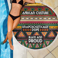 Round beach blanket with colorful African pattern and fringe edge, centered text design