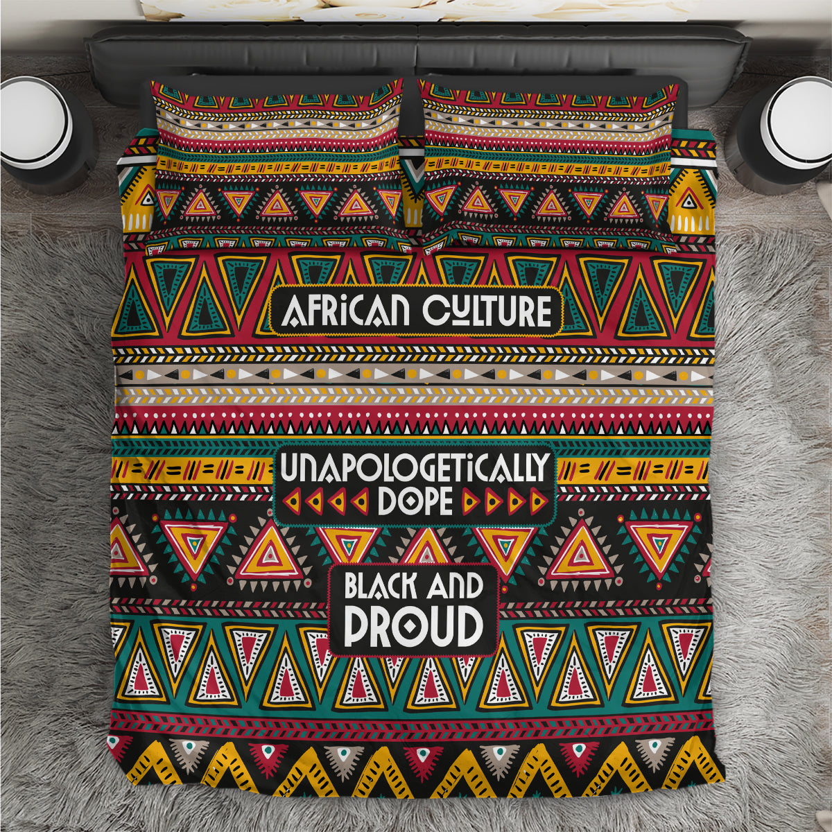 Colorful African pattern bedding set with bold triangles and centered text patches