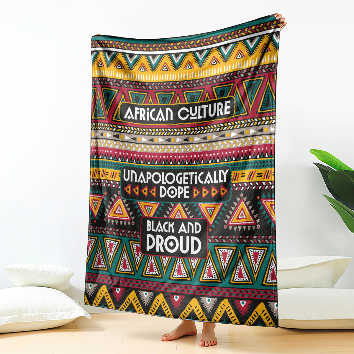 African culture slogan blanket with colorful geometric stripes and triangle motifs, standing display