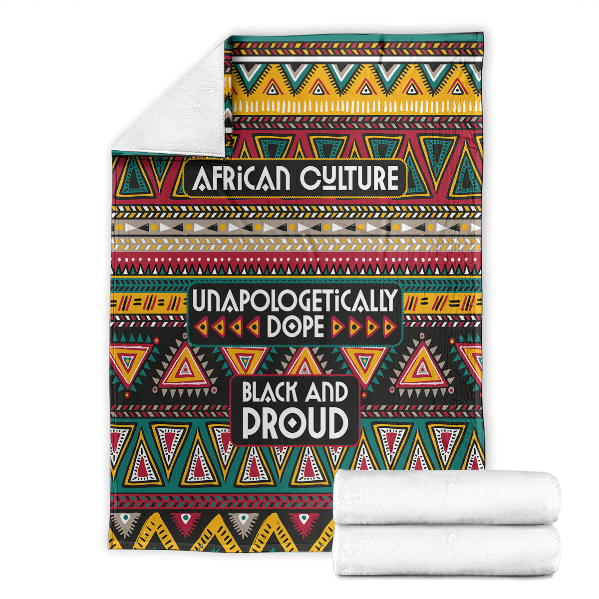 Folded African pattern blanket with “AFRICAN CULTURE” and “BLACK AND PROUD” text, stacked towels