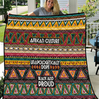 Colorful African-pattern quilt with geometric border and text blocks reading “African Culture” and “Black and Proud.”