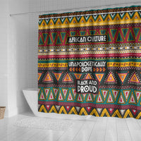 African pattern shower curtain with 'AFRICAN CULTURE' header and multicolor triangle bands