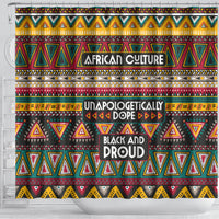 African pattern shower curtain front view with 'AFRICAN CULTURE' and 'UNAPOLOGETICALLY DOPE' text