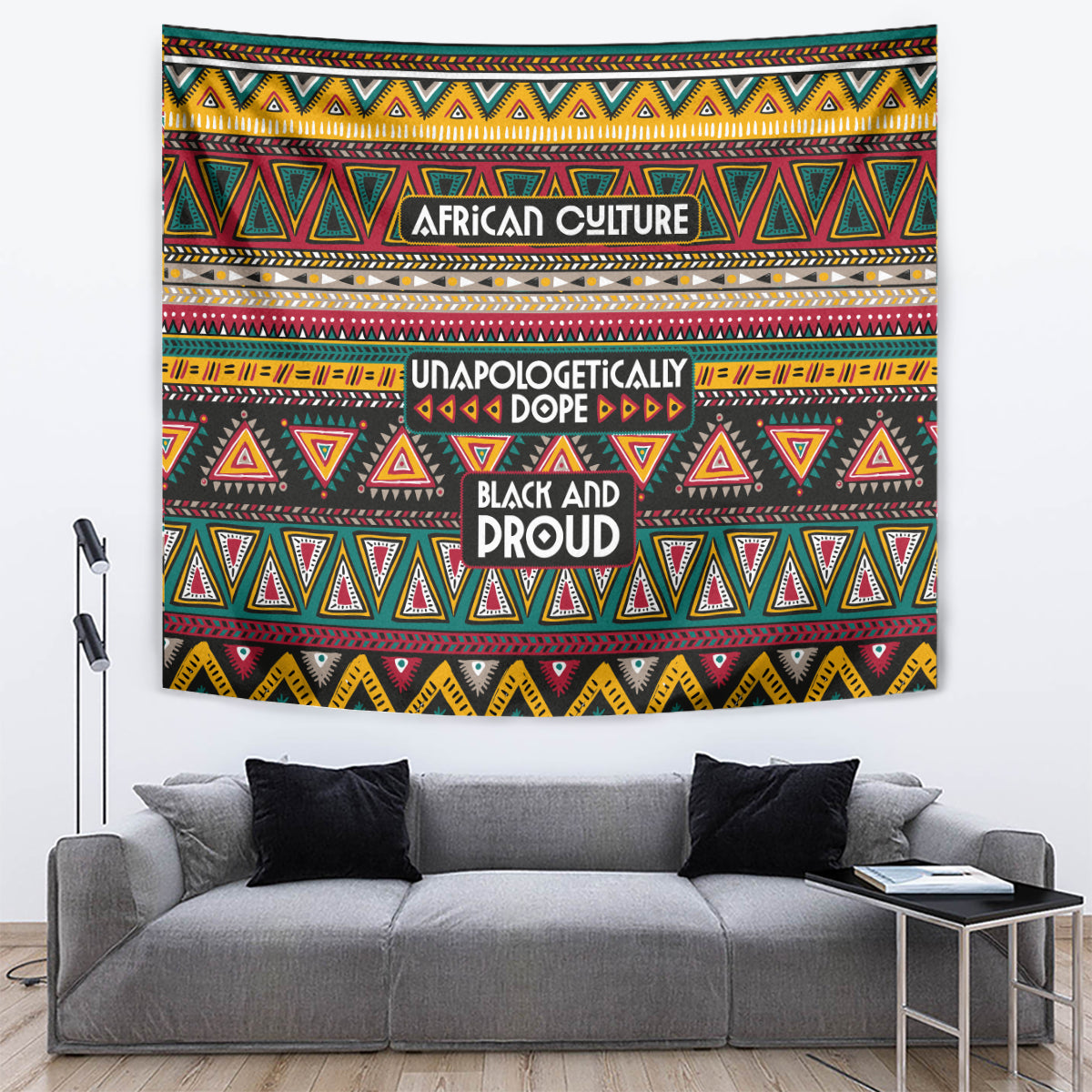 African-pattern tapestry wall hanging with bold teal, red, yellow triangles and stripes.