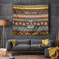 Colorful African-pattern tapestry wall hanging featuring central text panel and geometric shapes.