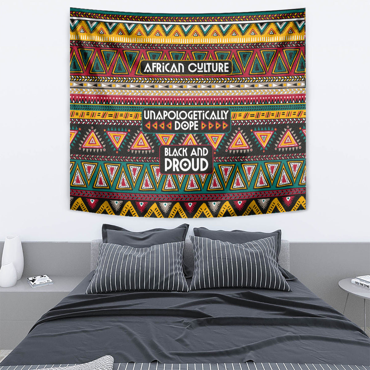 African-pattern tapestry wall hanging with geometric triangles, stripes, and teal-red-yellow palette.