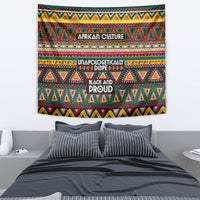 African-pattern tapestry wall hanging with geometric triangles, stripes, and teal-red-yellow palette.