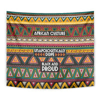 Close-up African-pattern tapestry wall hanging with “AFRICAN CULTURE” and “BLACK AND PROUD”.