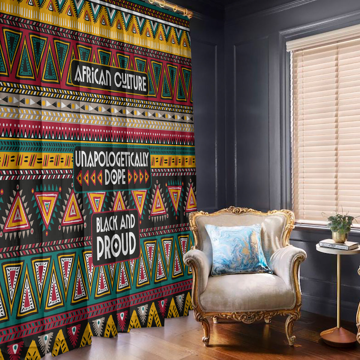 Colorful African pattern window curtains with geometric shapes on a dark background