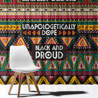 Colorful African pattern curtain with 'Black and proud' text and geometric borders