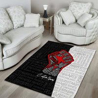 Black and gray area rug with red fist logo and civil rights typography pattern