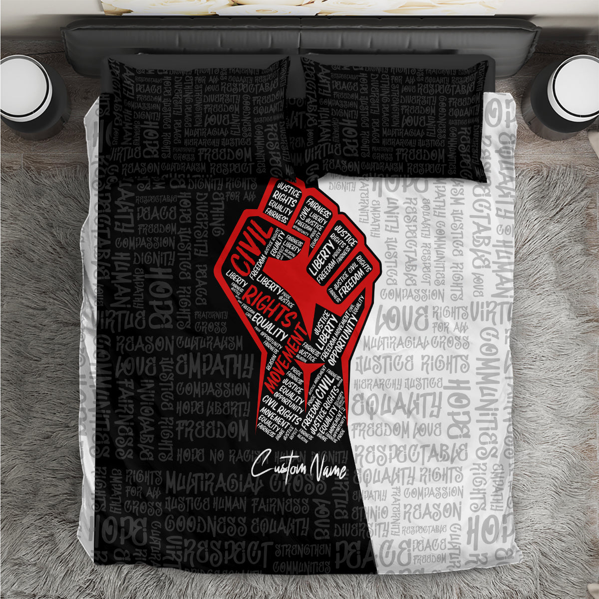Personalized justice fist bedding set with bold red circular graphic on black-and-white words
