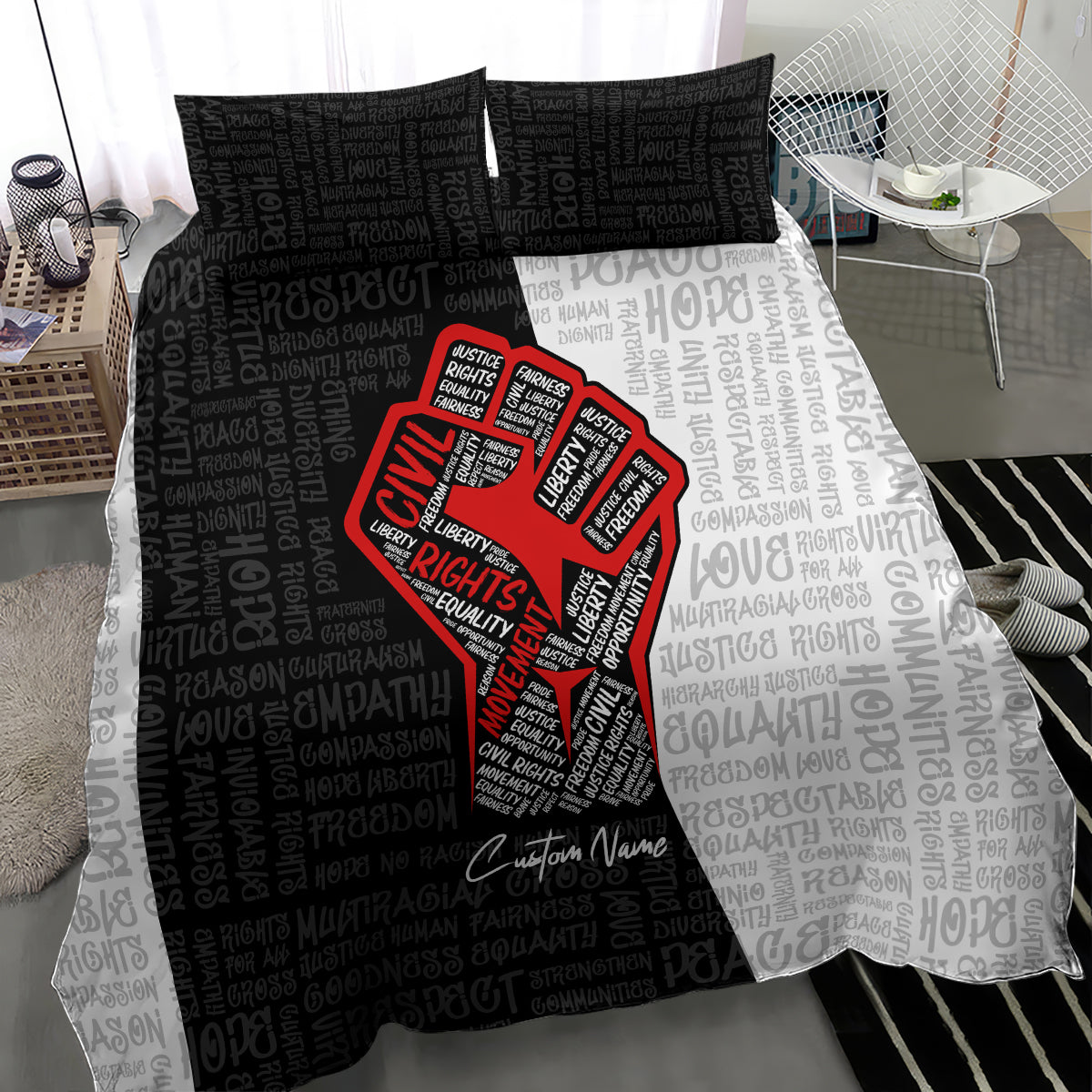 Duvet cover with justice fist red emblem and surrounding black-and-white typographic pattern