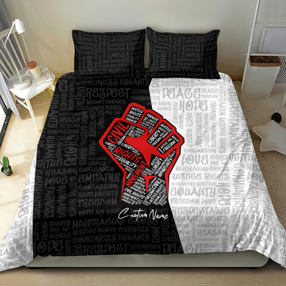 Bedding set with centered justice fist design, red text emblem on black-and-white background