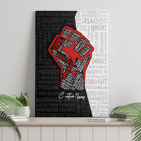 Civil rights justice fist canvas wall art, red raised fist over dark word-filled backdrop