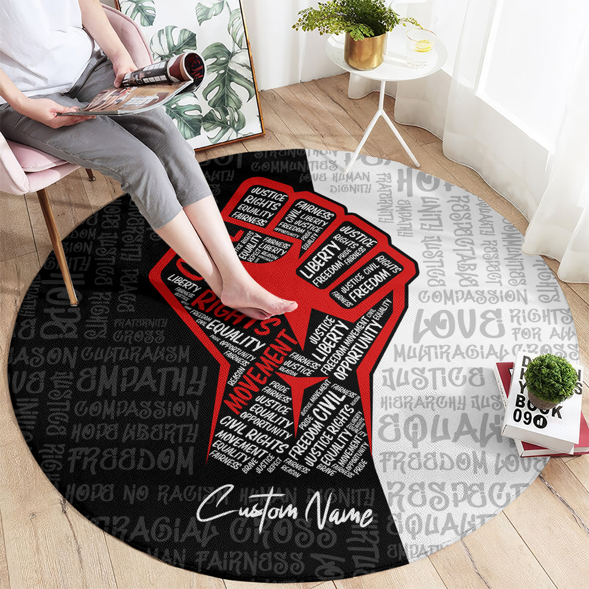 Round justice-themed carpet on floor with red raised-fist design and custom name text